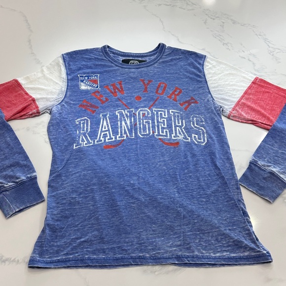 Carl Banks Other - NHL NY RANGERS DISTRESSED GRAPHIC HOCKEY T-SHIRT LONG SLEEVE SHIRT RED WHITE BLU
